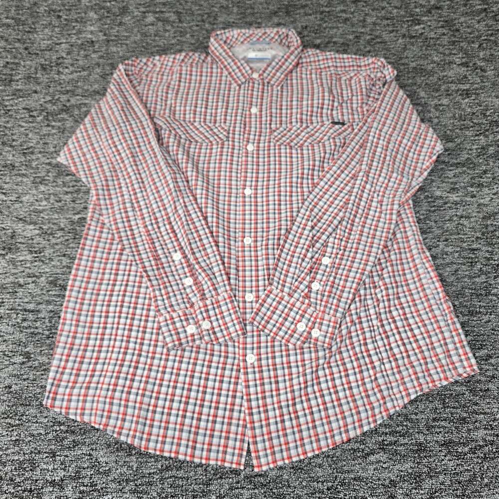 Columbia Omni Shade Button Up Vented Shirt Men's XL Red Multi Plaid Long Sleeve